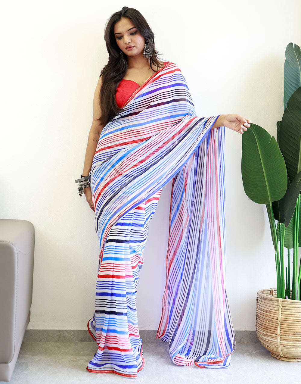 Blue & Red Georgette Ready To Wear Saree With Printed Work