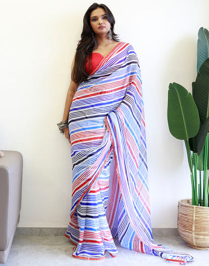 Blue & Red Georgette Ready To Wear Saree With Printed Work