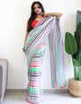 Seafoam Green & Red Georgette Ready To Wear Saree With Printed Work