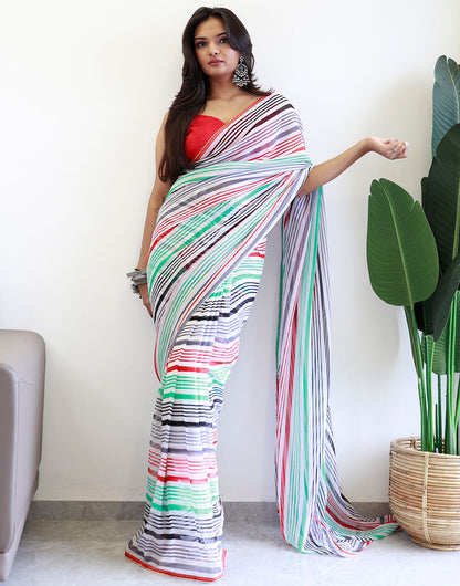 Seafoam Green & Red Georgette Ready To Wear Saree With Printed Work