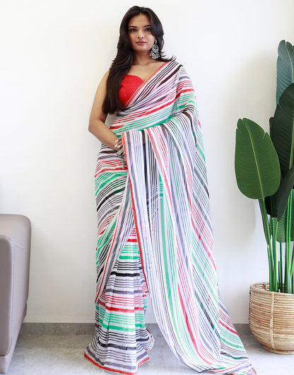 Seafoam Green & Red Georgette Ready To Wear Saree With Printed Work