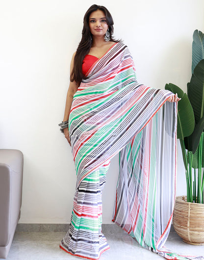 Seafoam Green & Red Georgette Ready To Wear Saree With Printed Work