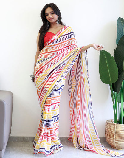 Red & Yellow Georgette Ready To Wear Saree With Printed Work