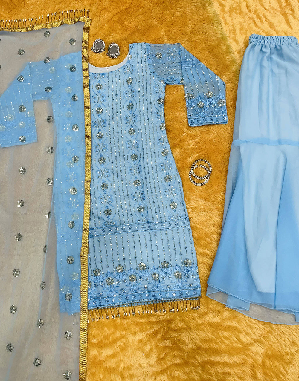 Light Blue Georgette With Sequence Embroidery Sharara Suit