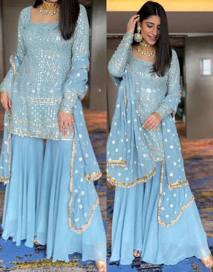 Light Blue Georgette With Sequence Embroidery Sharara Suit