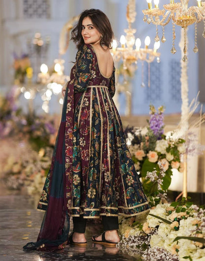 Wine & Phthalo Green Rayon With Embroidery Lace & Digital Printed Designer Gown