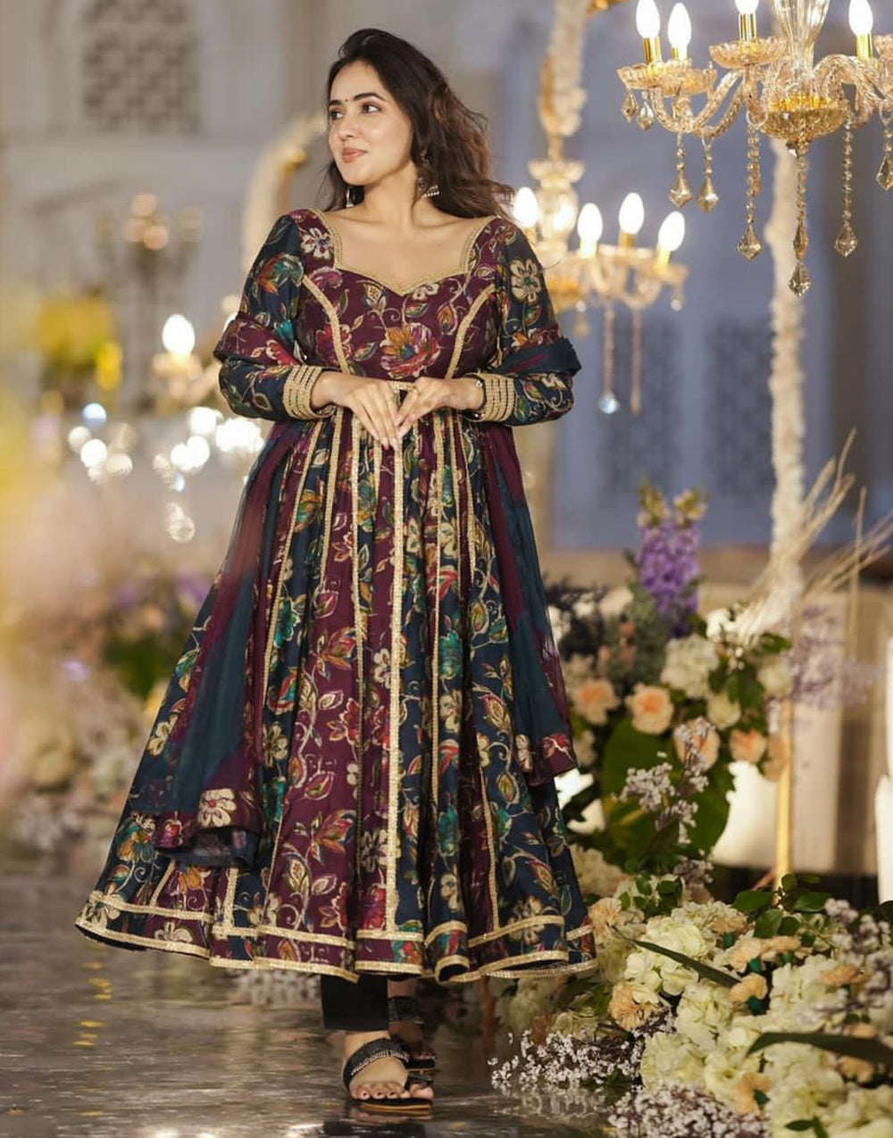Wine & Phthalo Green Rayon With Embroidery Lace & Digital Printed Designer Gown