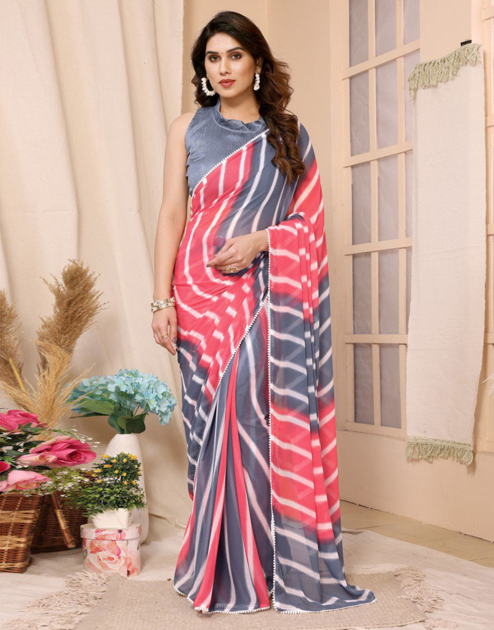 Light Red & Grey Georgette Ready To Wear Saree With Printed Work