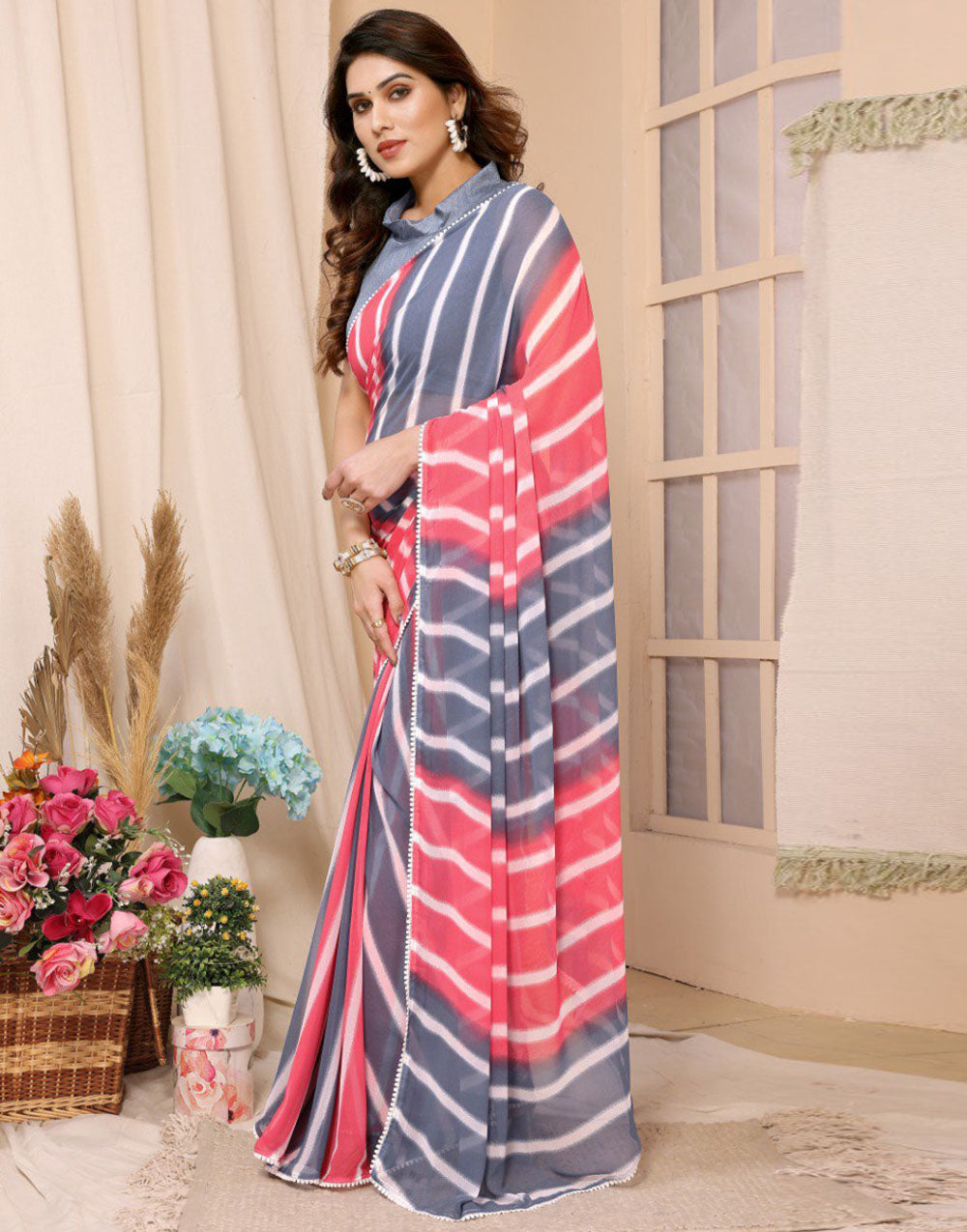 Light Red & Grey Georgette Ready To Wear Saree With Printed Work