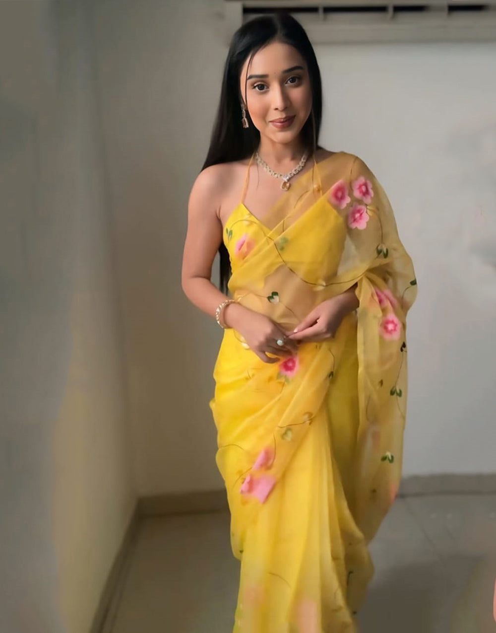Yellow Organza With Printed Ready To Wear Saree