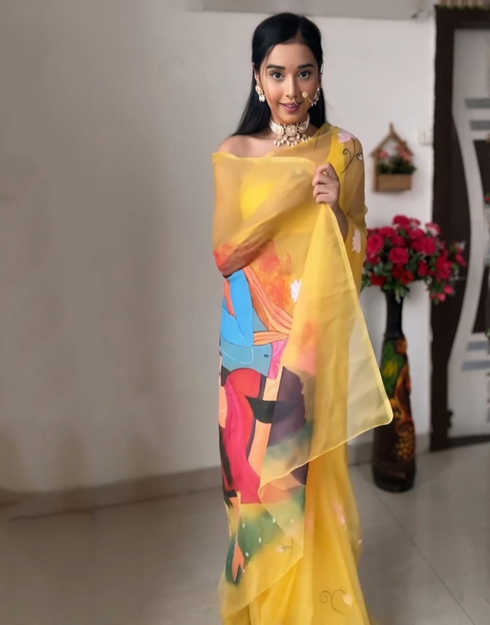 Yellow Organza With Printed Ready To Wear Saree