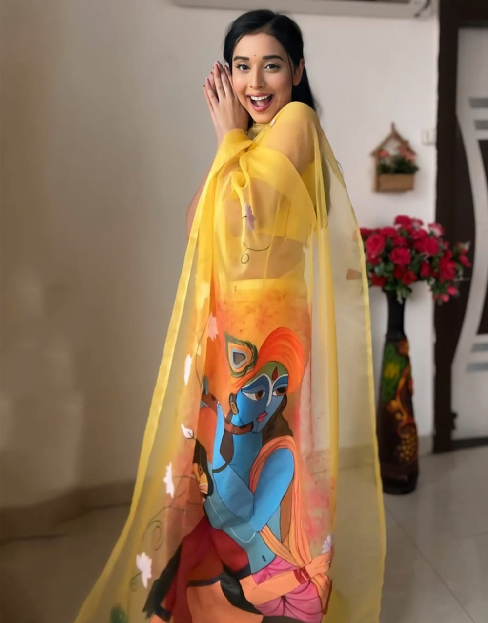 Yellow Organza With Printed Ready To Wear Saree