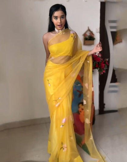 Yellow Organza With Printed Ready To Wear Saree