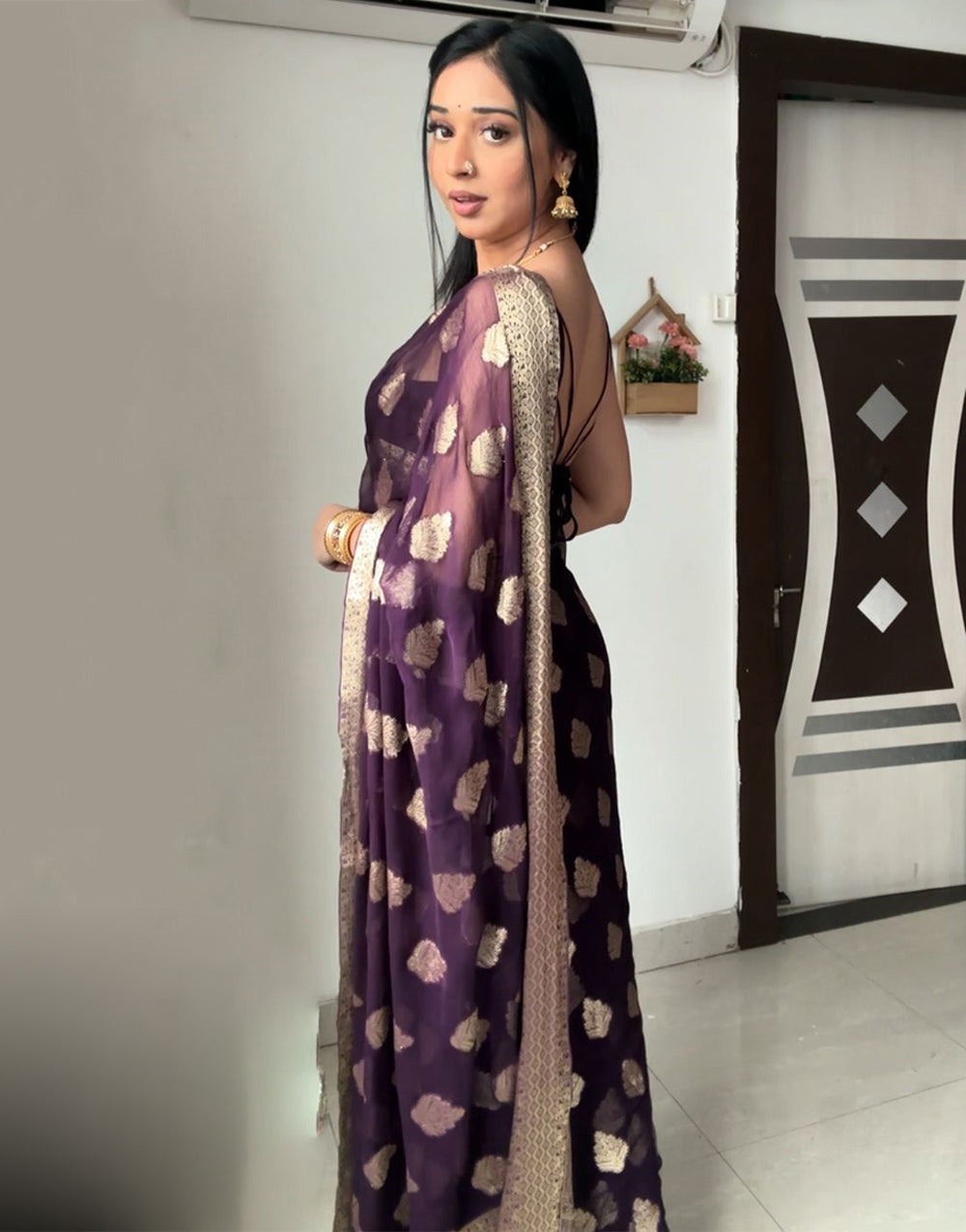 Dark Mulberry Purple Lichi Silk With Weaving Work Ready To Wear Saree