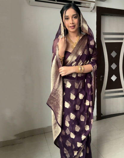 Dark Mulberry Purple Lichi Silk With Weaving Work Ready To Wear Saree