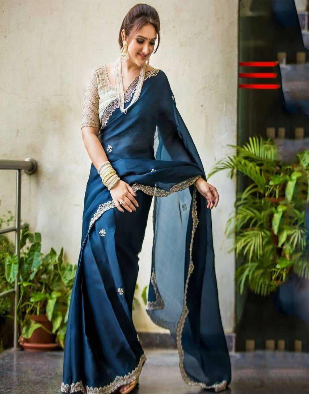 Oxford Blue Georgette Saree With Embroidery Work