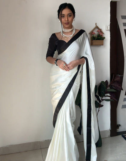 White Satin Silk Lace Border Ready To Wear Saree