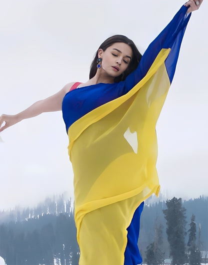 Blue & Yellow Alia Bhatt Soft Georgette Ready To Wear Saree