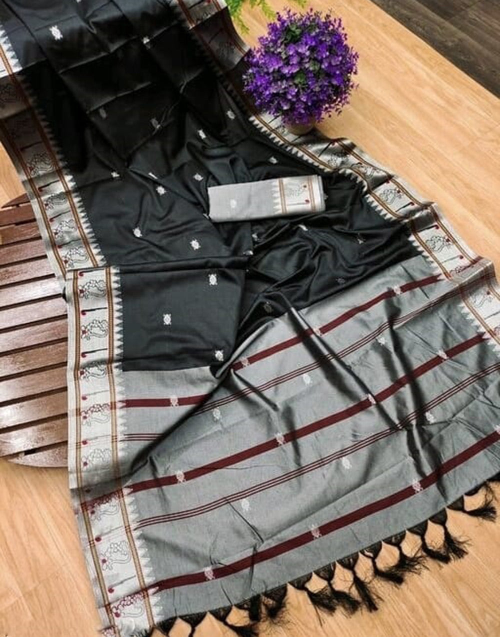 Black Soft Lichi Silk Saree With Zari Weaving Work