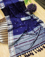 Blue Soft Lichi Silk Saree With Zari Weaving Work