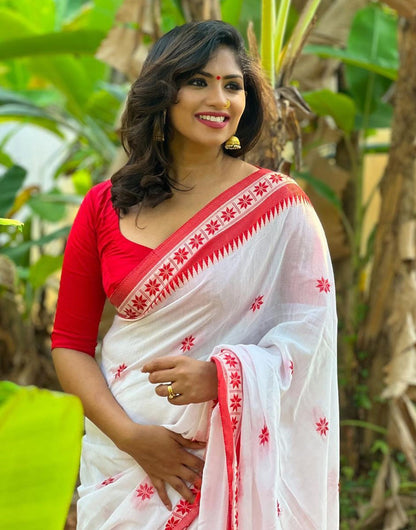 White & Red Cotton Saree With Jacquard Border