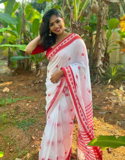 White & Red Cotton Saree With Jacquard Border