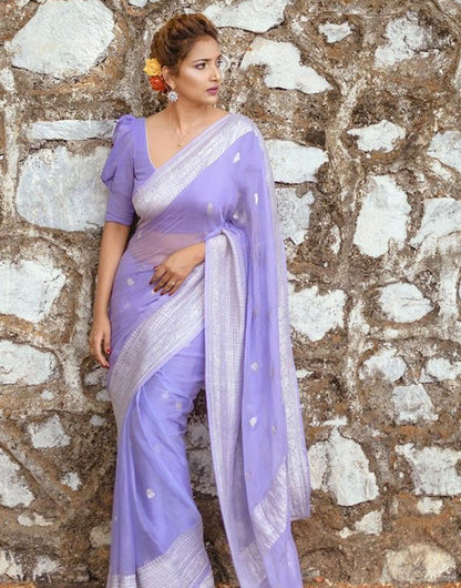 Lavender Cotton Saree With Zari Weaving Work