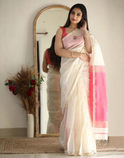 White Cotton Saree With Weaving