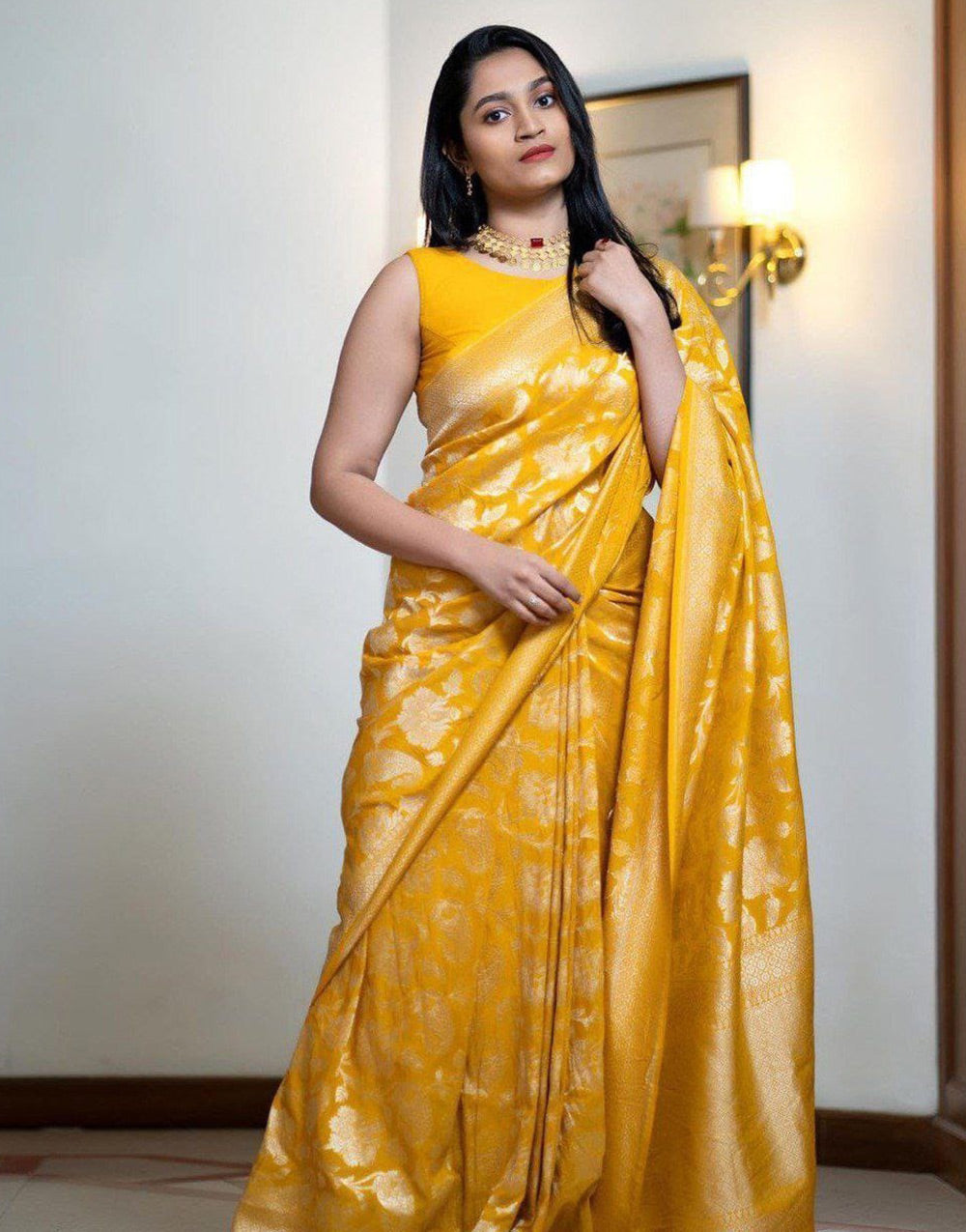 Yellow Soft Lichi Silk Saree With Zari Weaving Work