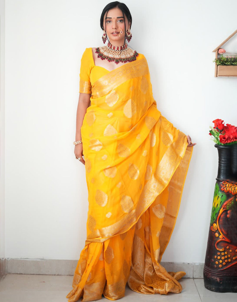 Yellow Cotton Silk Ready To Wear saree
