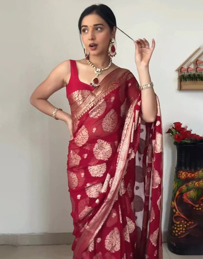Red Soft Cotton Ready To Wear Saree