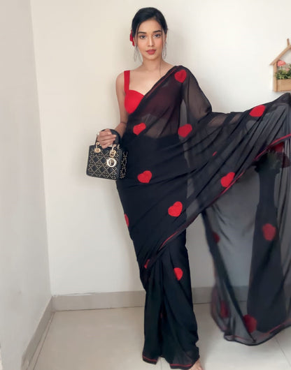 Black Georgette With Embroidery Red Heart Design Ready To Wear Saree