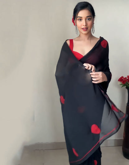 Black Georgette With Embroidery Red Heart Design Ready To Wear Saree