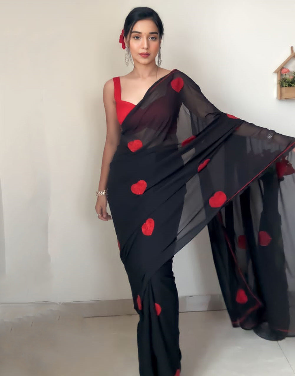 Black Georgette With Embroidery Red Heart Design Ready To Wear Saree