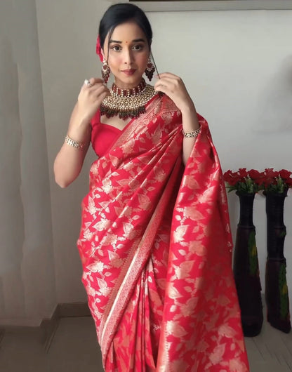 Red Soft Lichi Silk With Zari Weaving Ready To Wear Saree