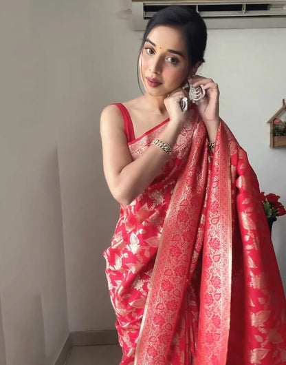 Red Soft Lichi Silk With Zari Weaving Ready To Wear Saree