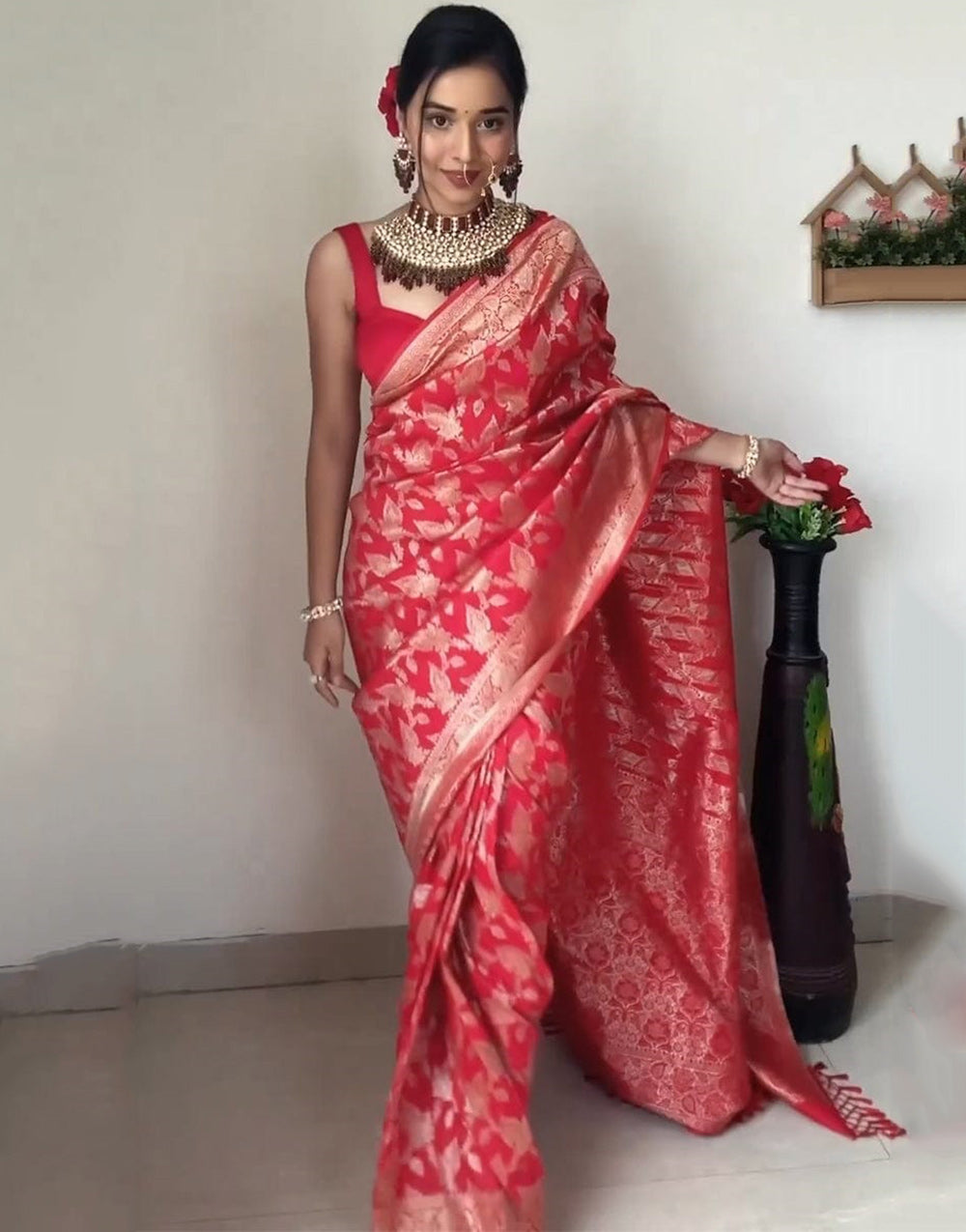 Red Soft Lichi Silk With Zari Weaving Ready To Wear Saree