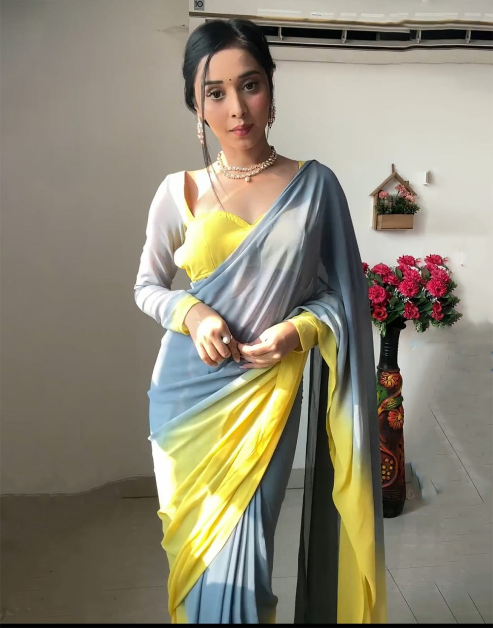 Gray & Yellow Soft Georgette Fancy Ready To Wear Saree