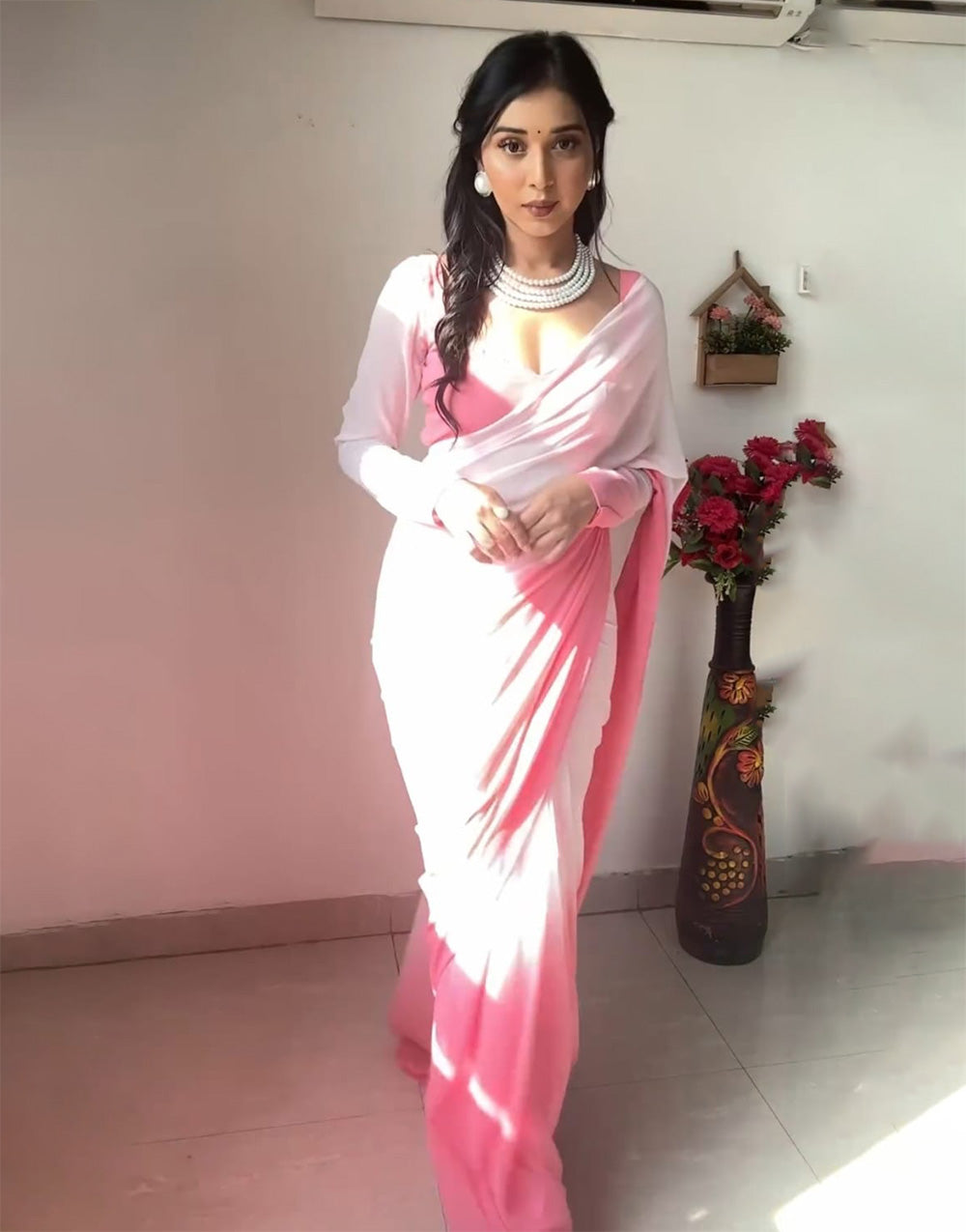 Baby Pink & White Soft Georgette Fancy Ready To Wear Saree