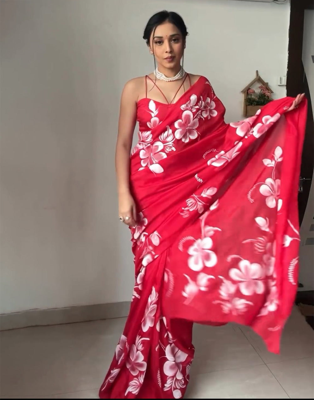 Red Soft Georgette Printed Fancy Ready To Wear Saree