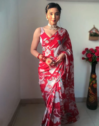 Red & White Georgette Printed Fancy Ready To Wear Saree