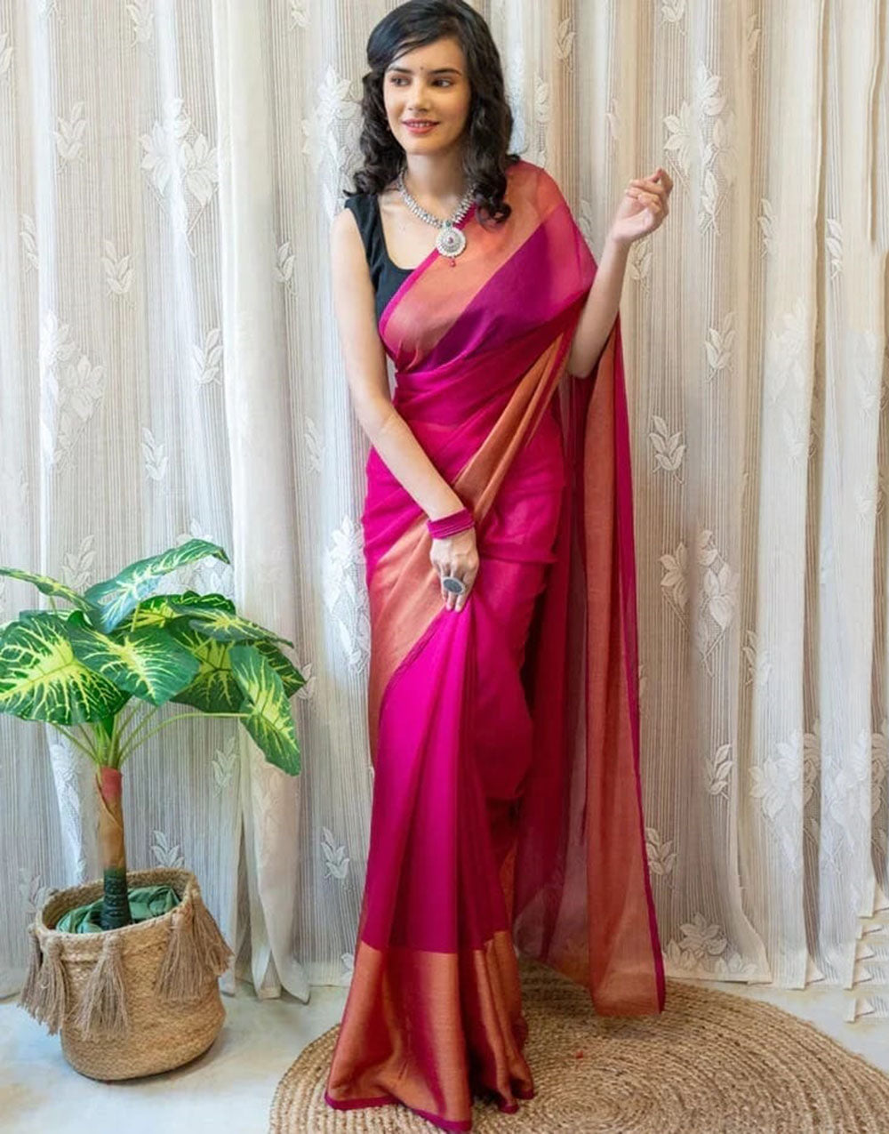 1 Min In Ready To Wear Rani Pink Chiffon Silk Two Shad Saree