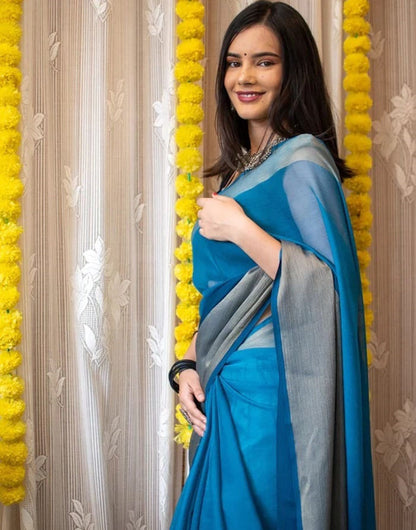 1 Min In Ready To Wear Rama Blue Chiffon Silk Two Shad Saree
