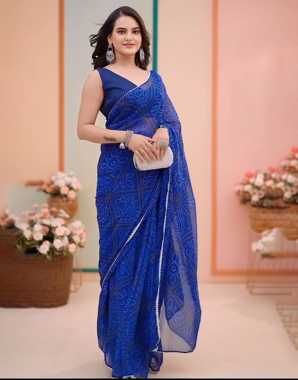 Elegant Blue Chiffon Bandhani Printed Ready To Wear saree