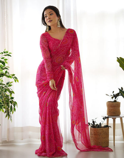 Beautiful Pink Chiffon Bandhani Printed Ready To Wear saree