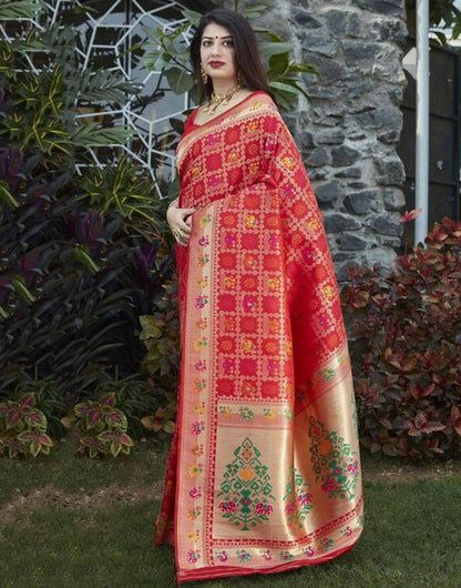 Red Lichi Silk Patola Saree With Zari Weaving Work