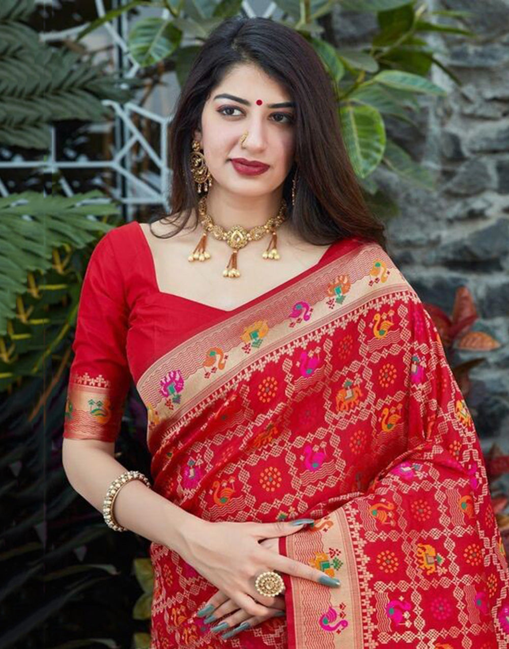 Red Lichi Silk Patola Saree With Zari Weaving Work