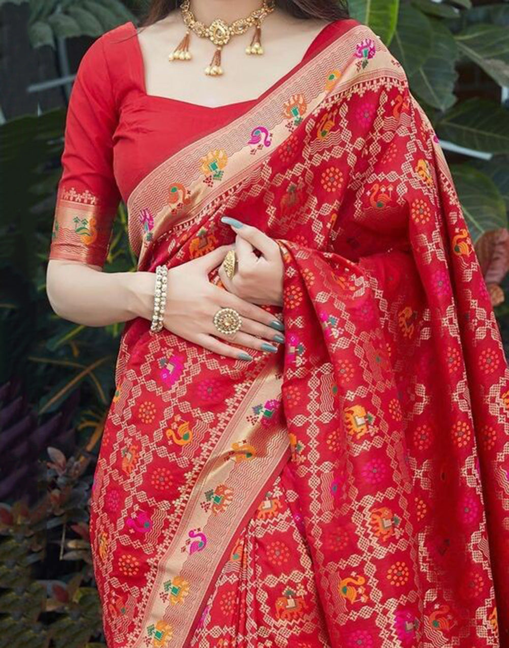 Red Lichi Silk Patola Saree With Zari Weaving Work