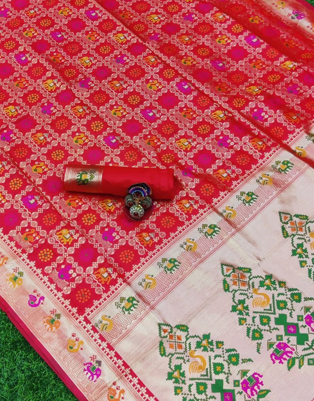 Red Lichi Silk Patola Saree With Zari Weaving Work