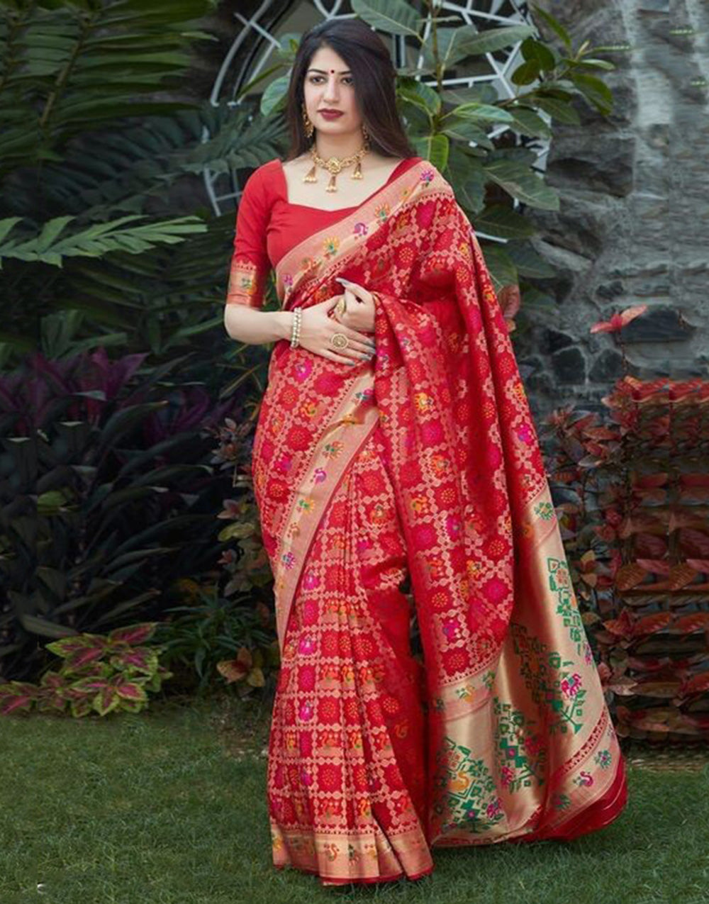 Red Lichi Silk Patola Saree With Zari Weaving Work